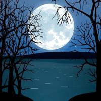 Full moon over water in the forest. Vector illustration