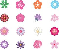 Set of flat Spring flower icons in silhouette isolated on white. Cute retro illustrations in bright colors for stickers, labels, tags, scrapbooking. vector