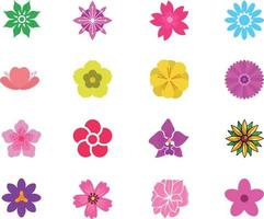 Set of flat Spring flower icons in silhouette isolated on white. Cute retro illustrations in bright colors for stickers, labels, tags, scrapbooking. vector