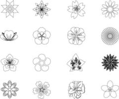 Set of flat Spring flower icons in silhouette isolated on white. Cute retro illustrations in bright colors for stickers, labels, tags, scrapbooking. vector