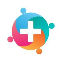 abstract medical health cross with people group logo icon vector illustration design