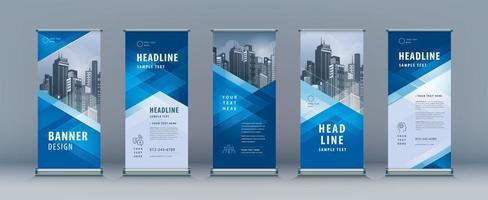 Business Roll Up Set. Standee Design. Banner Template, Abstract Blue Geometric Triangle Background for Brochures, flyer, presentation vector