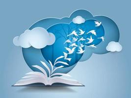 Back to nature concept, Open book with Bird flying from it, Paper Pages Change to birds fly into the Sky vector