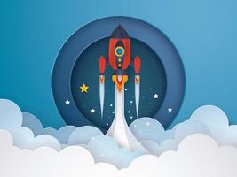 Project Startup, Red Rocket ship launching in sky cloud. vector