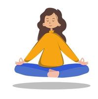 increíble chica de dibujos animados en posición de loto de yoga. haciendo yoga. ilustración vectorial mujer joven y feliz está meditando. vector