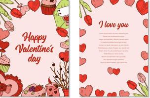 Two side Valentines day vertical greeting card with hand drawn elements. Vector illustration