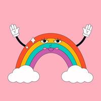 Cute cartoon rainbow character with clouds. Hippie, psychedelic, retro, vintage vector