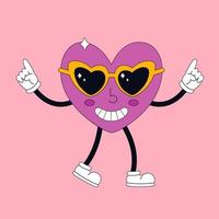 Cartoon heart character in retro style with eye glasses. Hippie, psychedelic, retro, vintage style vector