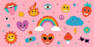 Set of cute elements and characters in psychedelic 70's style. Hippie, psychedelic, retro, vintage