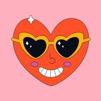 Cartoon heart character in retro style with eye glasses. Hippie, psychedelic, retro, vintage style vector