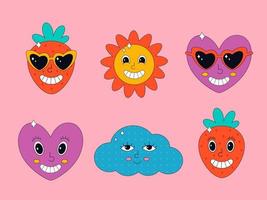 Set of cute characters in psychedelic 70's style. Hippie, psychedelic, groove, retro, vintage vector