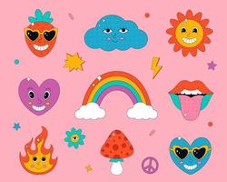conjunto de lindos personajes y elementos al estilo psicodélico de los años 70. hippie, psicodélico, retro, vendimia vector
