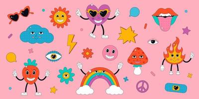 Set of cute characters in psychedelic 70's style. Hippie, psychedelic, retro, vintage style vector