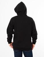 man in a black sweatshirt with a hood on his head is isolated on a white background - back view, top view photo