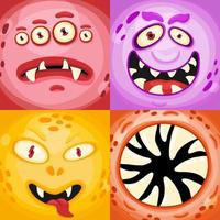 Scary Monster or aliens faces masks with mouth and eyes. Cartoon vector monster faces set with different expressions emotions.