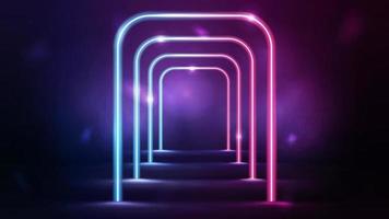 Neon pink and blue frames. Tunnel of neon rectangular vertical frames in dark scene vector