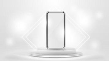 Smartphone mock up in white scene with gray podium with neon rhombus frames vector