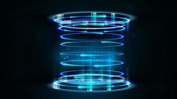 Blue neon digital portal in cylindrical shape with shiny swirl rings vector