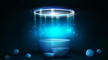 Empty blue semicircular pedestals with large neon shiny rings  on dark background and decorative spheres around vector