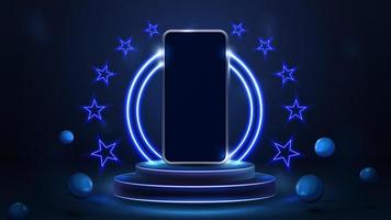 Smartphone on podium of winners with blue neon rings and neon stars in blue scene with realistic bouncing spheres vector