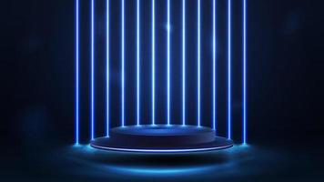 Empty blue podium floating in the air in dark scene with wall of line vertical blue neon lamps on background. vector