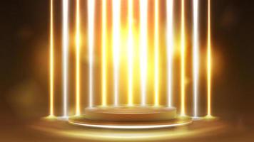 Gold empty podium floating in the air in gold scene with wall of line vertical white and yellow neon lamps on background. vector