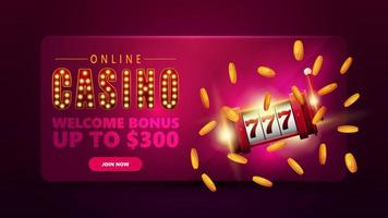 Online casino, volumetric banner for website with offer of welcome bonus, button and red slot machine with golden coins around vector