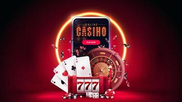 Online casino, red banner with smartphone, slot machine, Casino Roulette, poker chips and playing cards in red scene with orange neon ring on background. vector