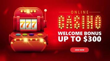 Online casino, red invitation banner for website with button and red volumetric slot machine with jackpot in cartoon style vector