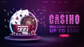 Online casino, welcome bonus, banner for website with button, slot machine, Casino Roulette, poker chips, playing cards on podium with round neon frame vector