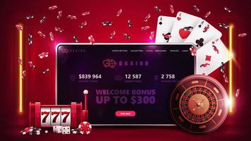 Online casino, red banner with tablet, slot machine, Casino Roulette, poker chips and playing cards in red scene with orange vertical lamps vector