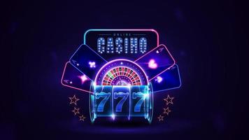 Online casino, neon sign with pink shine neon Casino Roulette wheel, playing cards and blue neon shine slot machine vector