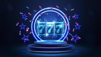 Blue podium of winners with blue neon rings, neon stars, slot machine with jackpot and poker chips in dark blue scene vector