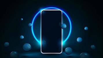 Smartphone mock up in blue scene with realistic bouncing spheres and neon ring on background.