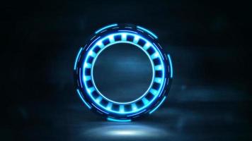 Digital ring with neon lights in dark scene with fog. vector