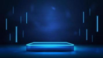 Square dark podium for product presentation with line flying lamps around, 3d realistic vector illustration. Blue and dark digital scene