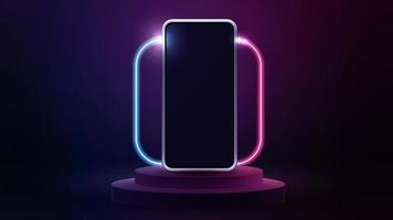 Smartphone mock up on podium with line gradient neon square frame with rounded corners. vector