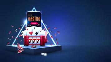 Blue triangular podiums with smartphone, red slot machine, poker chips, playing cards in scene with blue neon triangle border on background vector