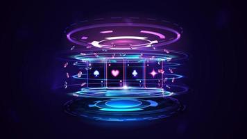 Neon Casino playing cards with poker chips and hologram of digital rings in dark empty scene vector