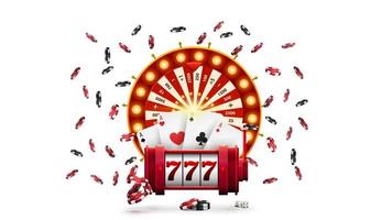 La fortuna de la rueda del casino, la máquina tragamonedas roja, las fichas de póquer y las cartas de juego aisladas en el fondo blanco vector