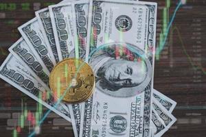 Golden bitcoin coin on us dollars close up. Trends in bitcoin exchange rates. Rise and fall charts of bitcoin. Bitcoin and cryptocurrency investing concept. photo