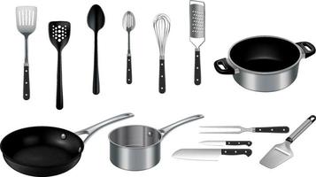 Utensilios de cocina vectoriales realistas en negro y acero inoxidable sobre fondo blanco. vector