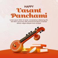 Vasant Panchami celebration vector design with veena musical instrument decoration