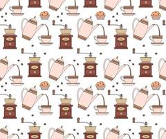 Seamless repeating pattern with coffee pot, cup, coffee grinder and cupcake.