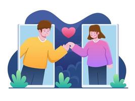 día de san valentín con larga distancia social para prevenir la pandemia del virus covid-19. pareja saliendo con una videollamada. se puede utilizar para web, animación, afiche, pancarta, volante, página de inicio, etc. vector