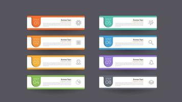 El moderno diseño de pancartas infográficas con 8 opciones de conceptos, partes, pasos o procesos se puede utilizar para el diseño del flujo de trabajo, el diagrama, las opciones numéricas y el diseño web. elemento infográfico. vector