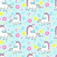 Seamless pattern with little unicorns and cute flowers. Print for kids clothes, fabric and phone case. vector