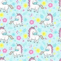 Seamless pattern with little unicorns and cute flowers. Print for kids clothes, fabric and phone case. vector