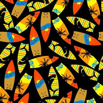 Seamless abstract summer pattern with surf desk, shark, wave, for textiles, prints. vector