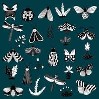 Butterflies, insects and flowers, hand-drawn collection of various elements, isolated elements on a white background vector